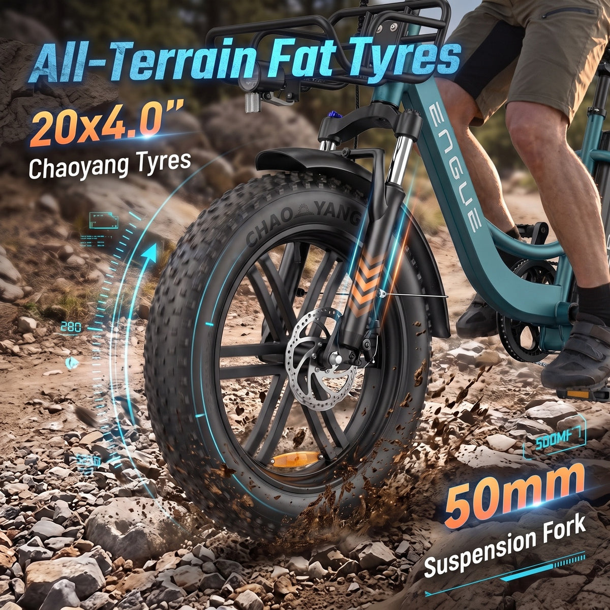 全地形通过性能：20x4.0英寸越野宽胎与避震前叉