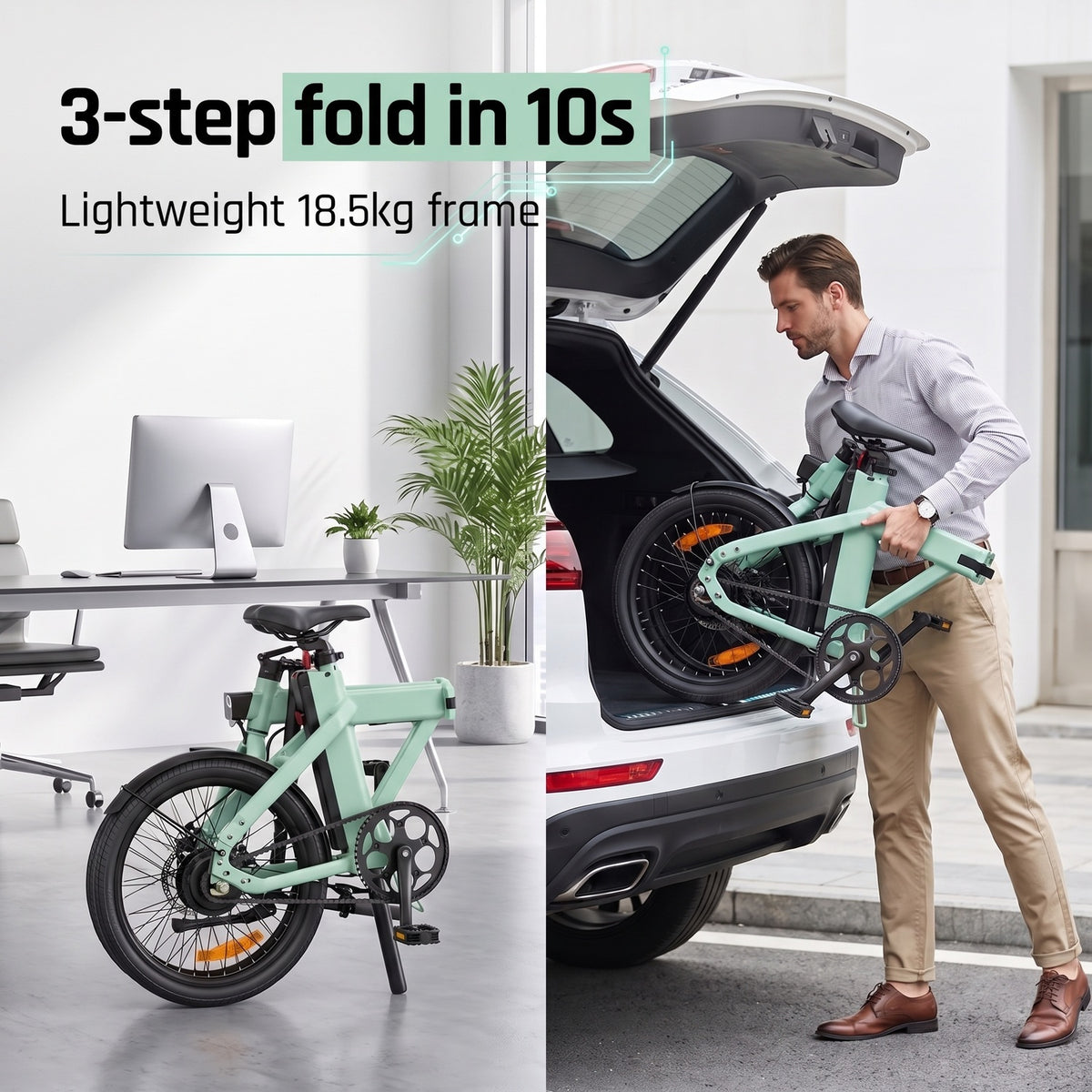 10秒快速折叠与轻量化 (10s Fast Fold & 18.5kg Lightweight)