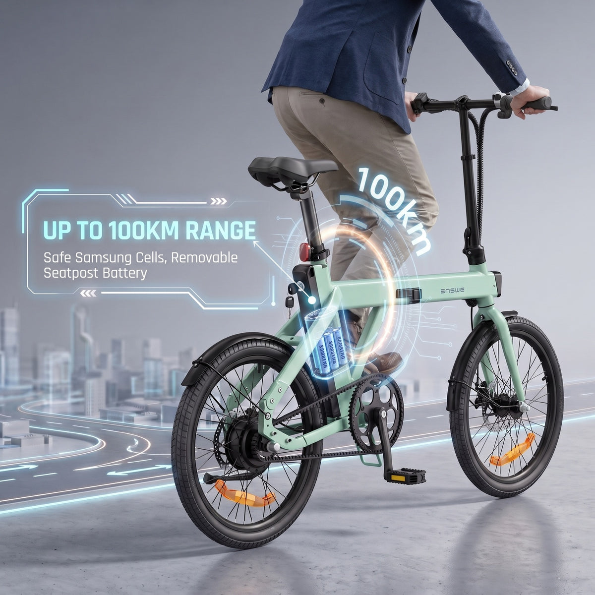 100公里超长续航与三星电芯 (Samsung Battery & 100km Range)