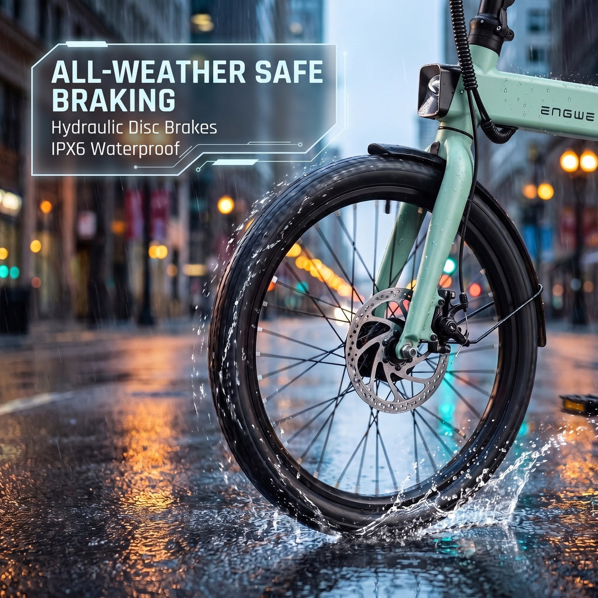 全天候安全保障 (Wet Weather Safety: Hydraulic Disc Brakes & IP6 Waterproof)